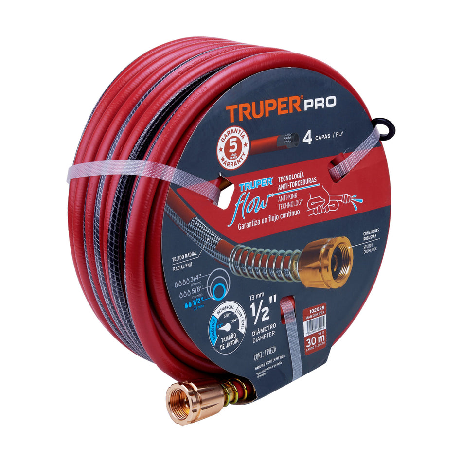Manguera 1/2' Super Reforzada 4 Capas 30 M Conexiones Metal Man-30X1/2X Truper Pro