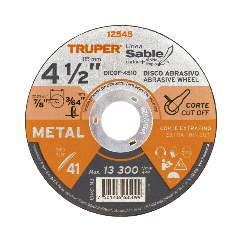 Disco De Corte Metal 41/2" Dicof-4510 Truper