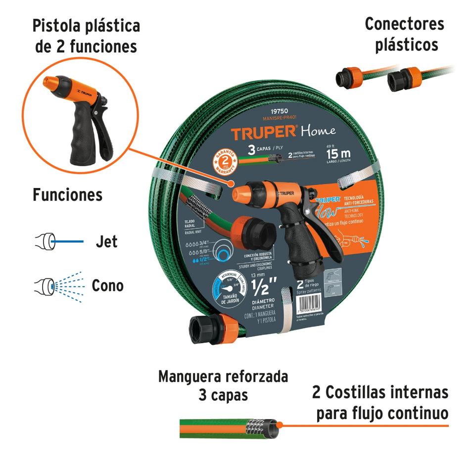 Manguera 15 Metros Con Pistola Man15Re-Pr401 Truper