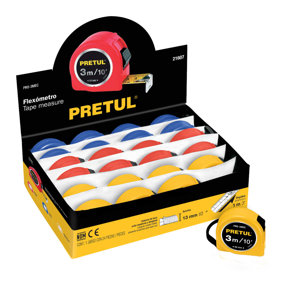 Flexometro De 3 M En Colores Pro-3Mec Pretul Caja C/24 Piezas