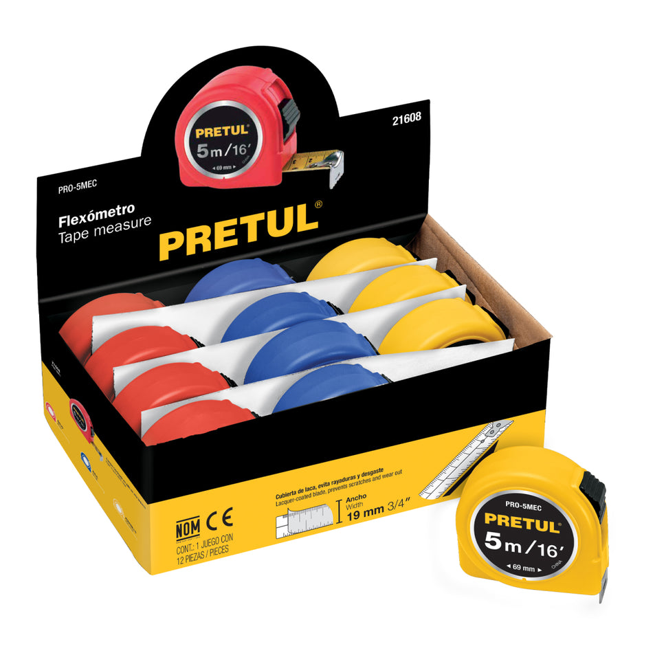 Flexometro De 5 M A Colores Pro-5Mec Pretul Caja C/12 Piezas