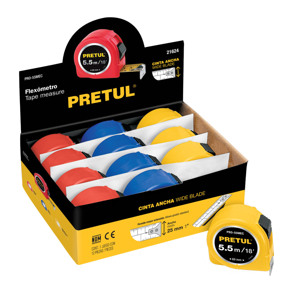 Flexometro De Colores 5.5M Pro-55Mec Pretul Caja C/12 Piezas