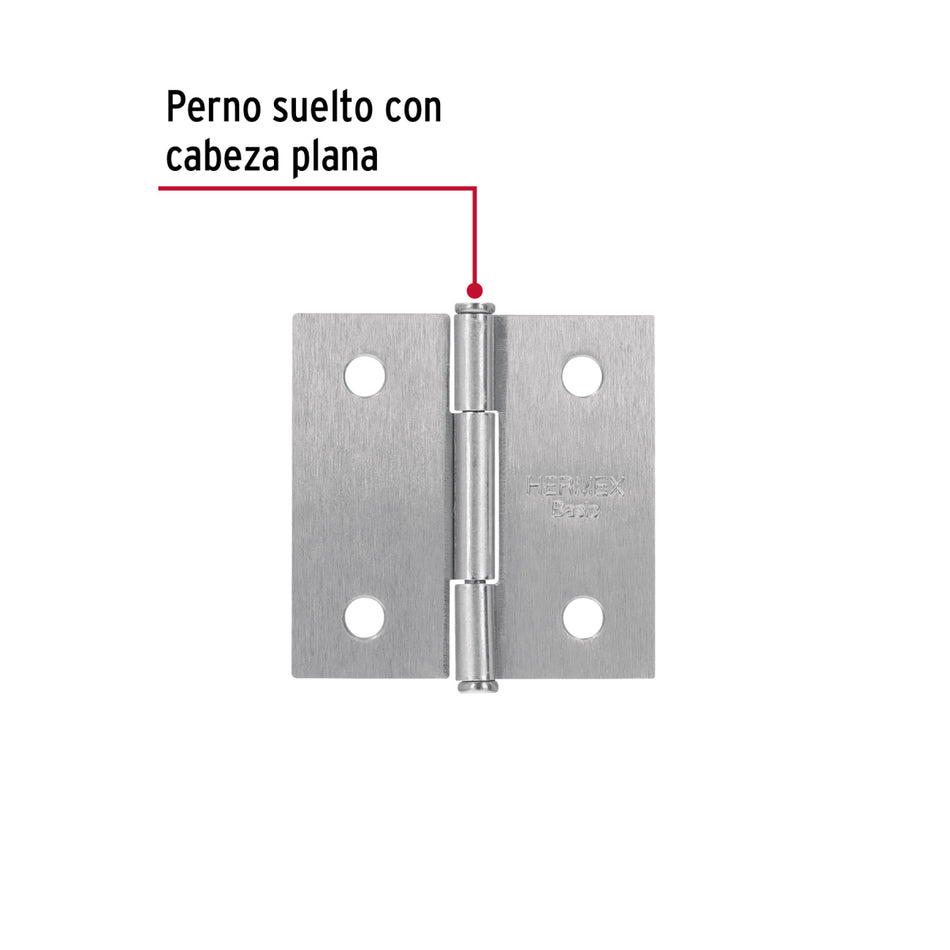 Bisagra Cuadrada 2', Satinado, Cabeza Plana, BC-203PP, 20 Piezas Hermex Basic