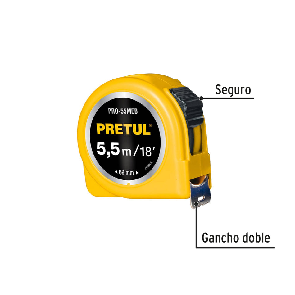 Flexometro Amarillo 5.5Mt Pro-55Meb Tarjeta Pretul