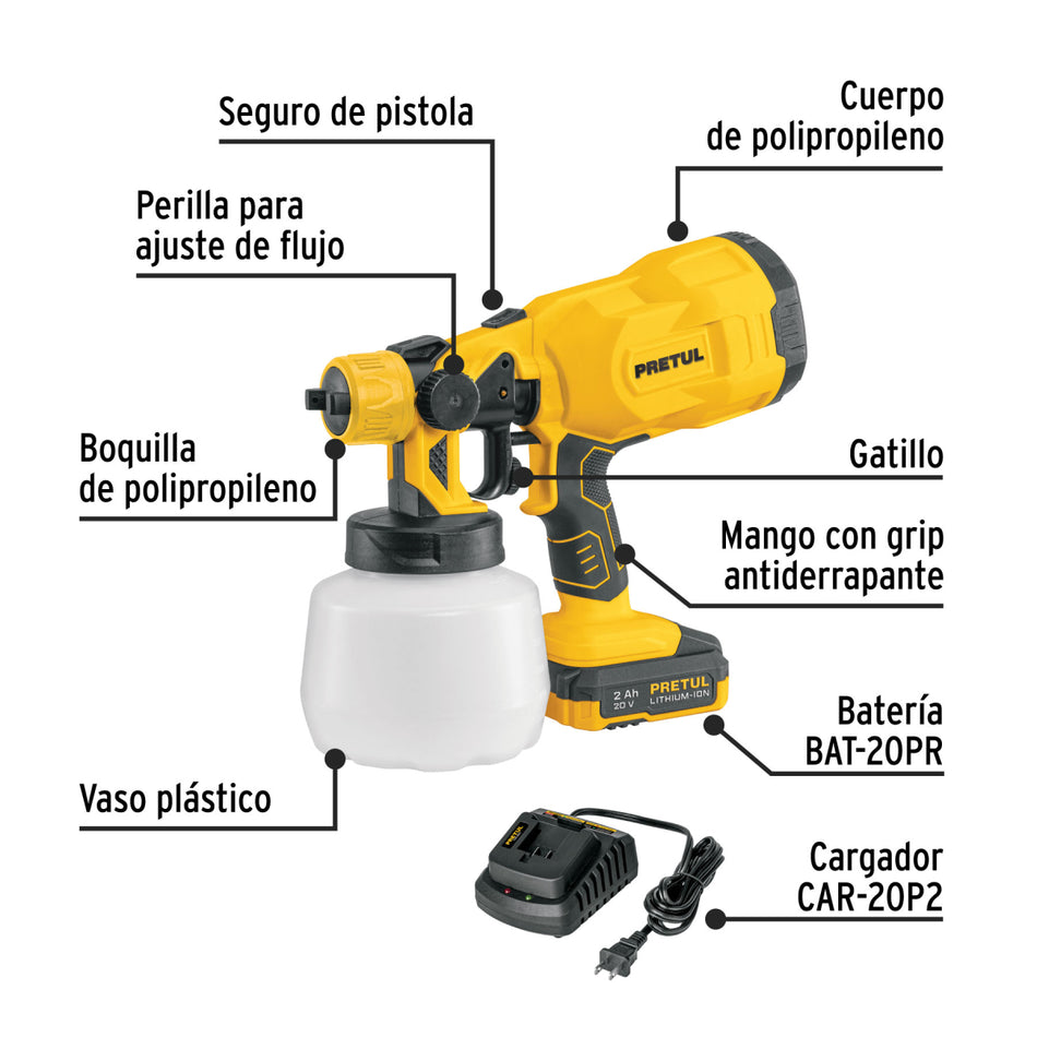 Pistola Para Pintar, 20V, 1 Batería 2Ah, Pretul Pipi-20P
