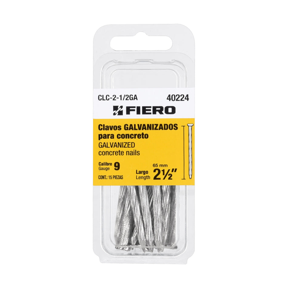 Blíster Con 15 Clavos Galvanizados Para Concreto 2-1/2', CLC-2-1/2GA, Fiero
