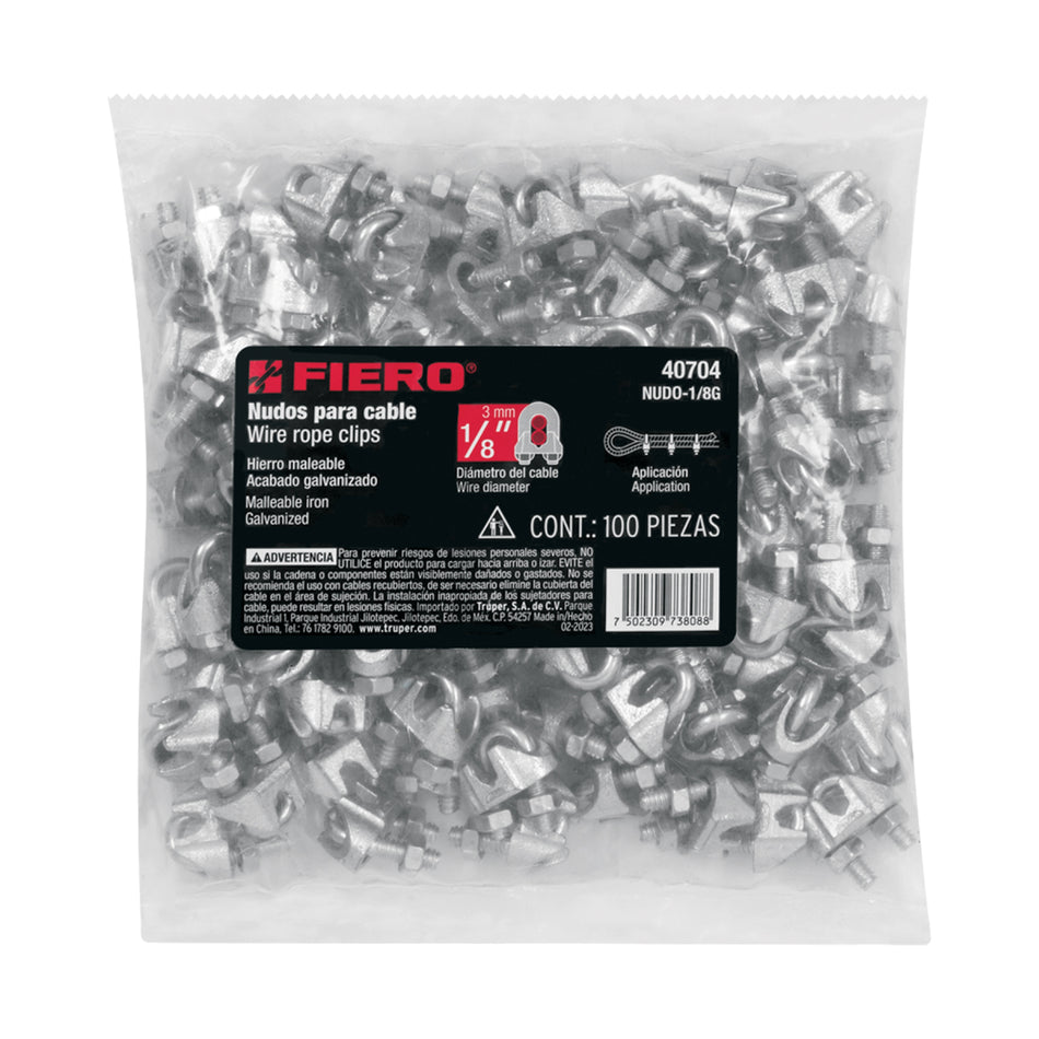 Bolsa Con 100 Nudos (Perros) De Hierro Para Cable De 1/8', NUDO-1/8G, Fiero