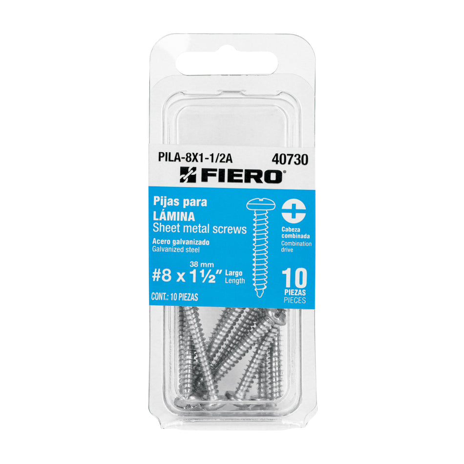 Blíster Con 10 Pijas Para Lámina, #8 X 1-1/2', PILA-8X1-1/2A, Fiero