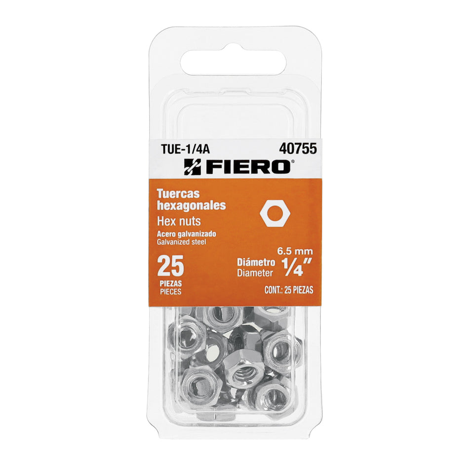 Blíster Con 25 Tuercas 1/4' Hex De Acero Galvanizado, TUE-1/4A, Fiero