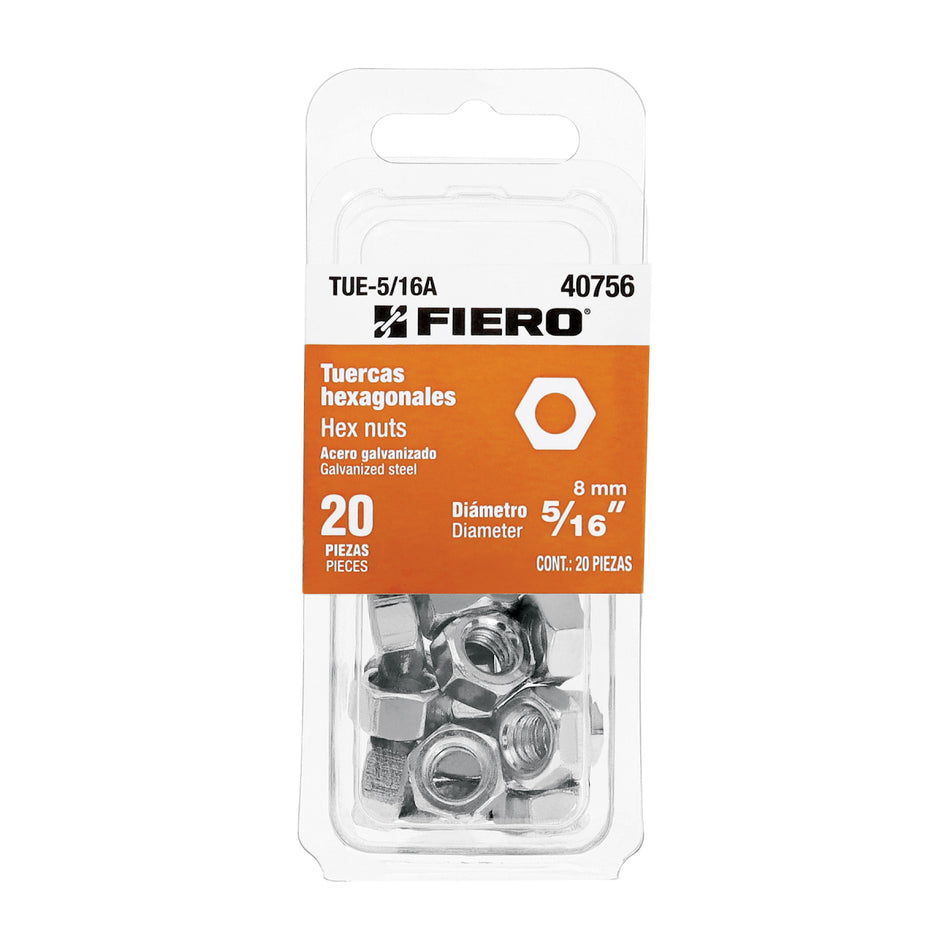 Blíster Con 20 Tuercas 5/16' Hex De Acero Galvanizado, TUE-5/16A, Fiero