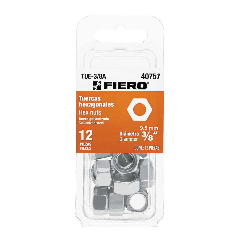 Blíster Con 12 Tuercas 3/8' Hex De Acero Galvanizado, TUE-3/8A, Fiero