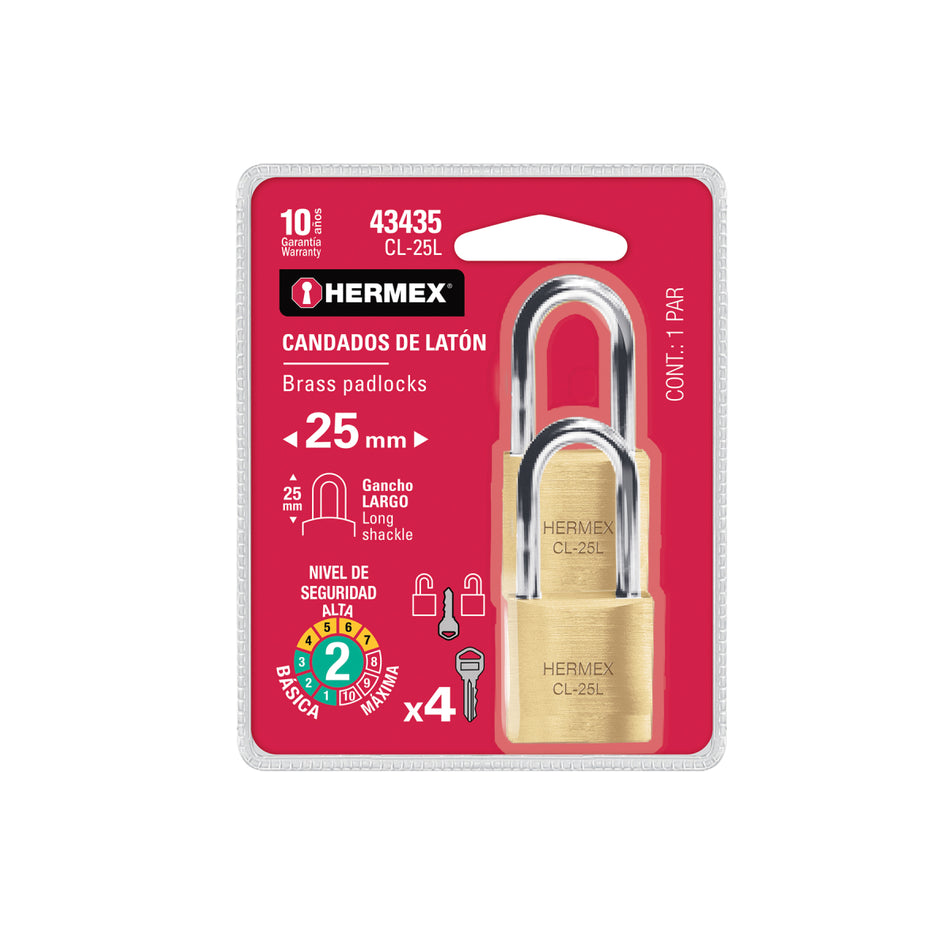 Blíster Con 2 Candados De Latón De 25Mm Con Gancho Largo CL-25L, Hermex