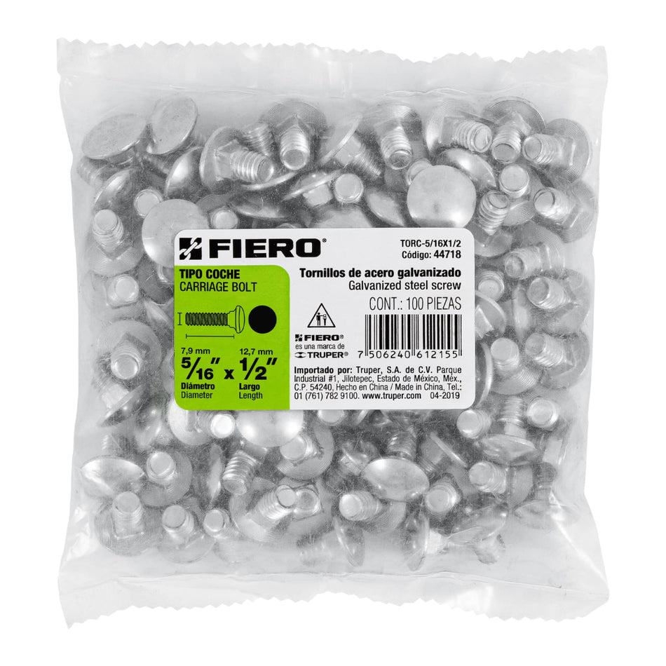 Bolsa Con 100 Tornillos 5/16' X 1/2' Tipo Coche, TORC-5/16X1/2, Fiero