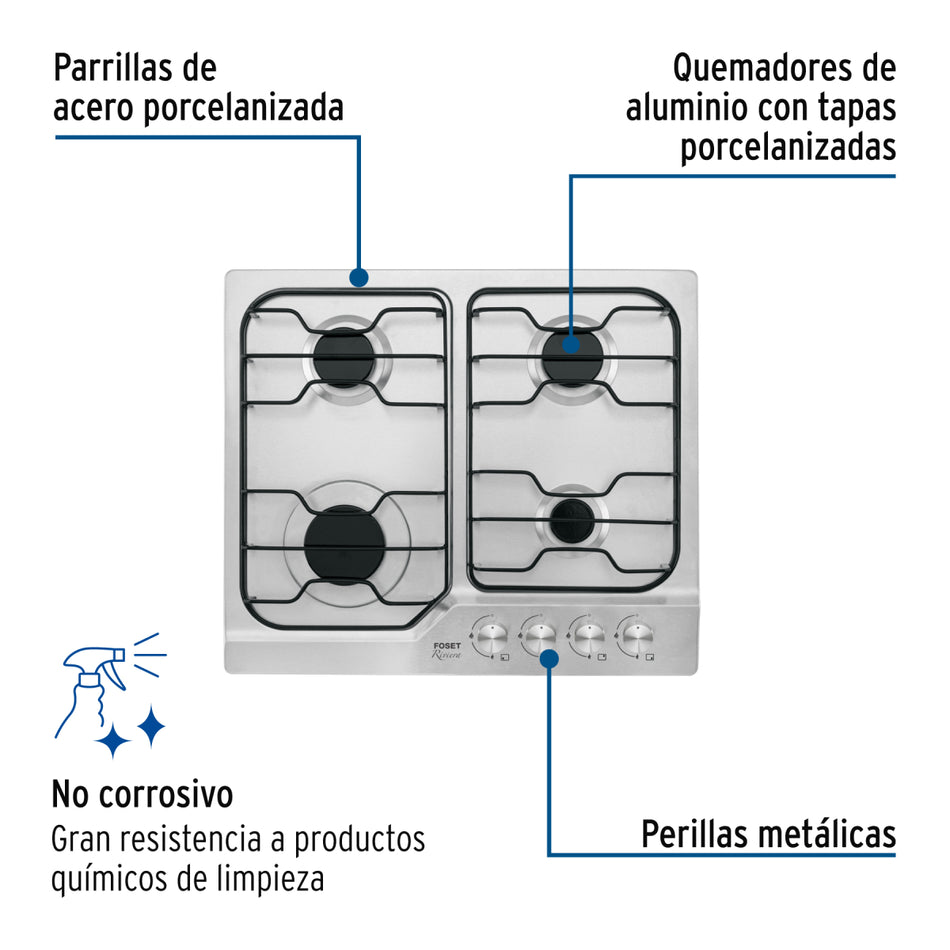 Parrilla Estufa Gas Empotrable 60Cm, 4 Quemadores  Inoxidable  Esmalte, Foset Pae-4F