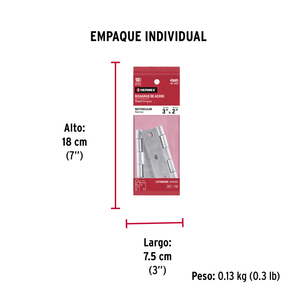 Bolsa Con 2 Bisagras Rectangulares 3', Acero Pulido BR-300B, Hermex
