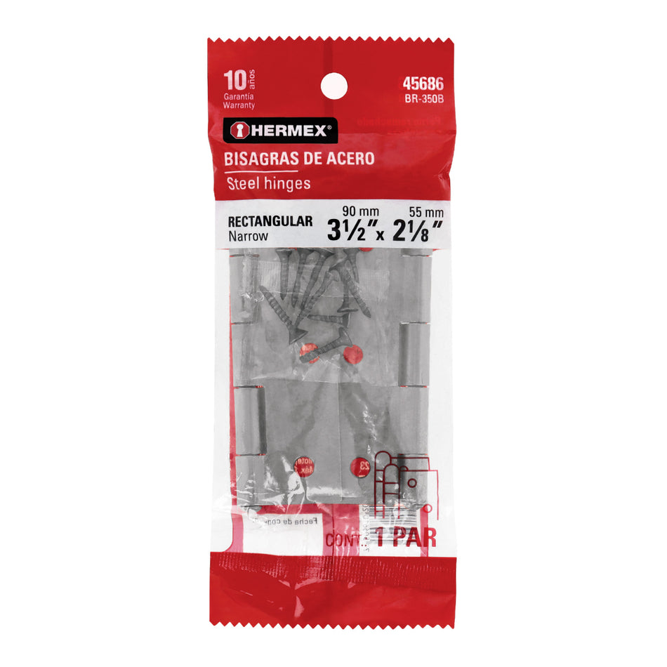 Bolsa Con 2 Bisagras Rectangulares 3-1/2', Acero Pulido BR-350B, Hermex