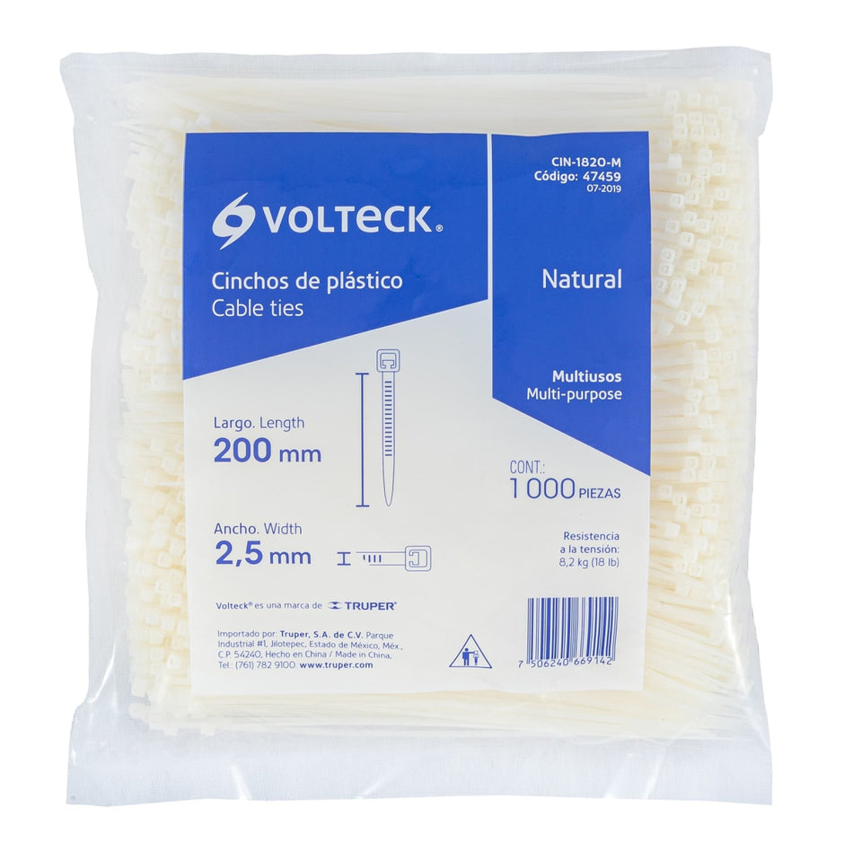 Bolsa Con 1000 Cinchos Plásticos 18Lb, 200X2.5 Mm, Naturles CIN-1820-M, Volteck