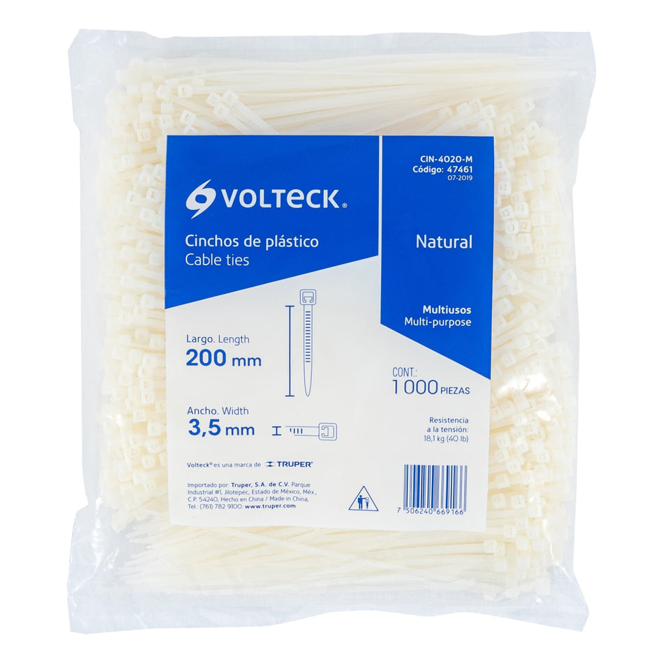 Bolsa Con 1000 Cinchos Plásticos 40Lb, 200X3.5 Mm, Naturales CIN-4020-M, Volteck