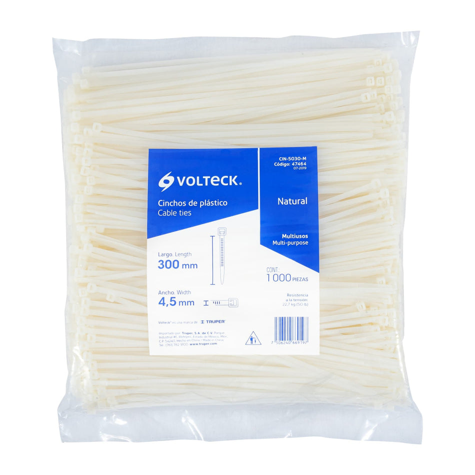 Bolsa Con 1000 Cinchos Plásticos 50Lb, 300X4.5 Mm, Naturales CIN-5030-M, Volteck