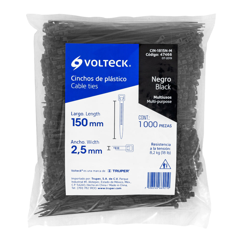 Bolsa Con 1000 Cinchos Plásticos 18 Lb, 150X2.5 Mm, Negros CIN-1815N-M, Volteck