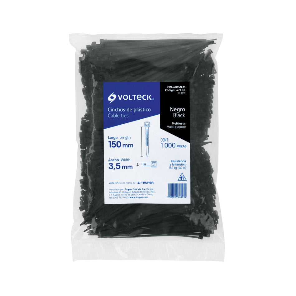 Bolsa Con 1000 Cinchos Plásticos 40 Lb, 150X3.5 Mm, Negros CIN-4015N-M, Volteck