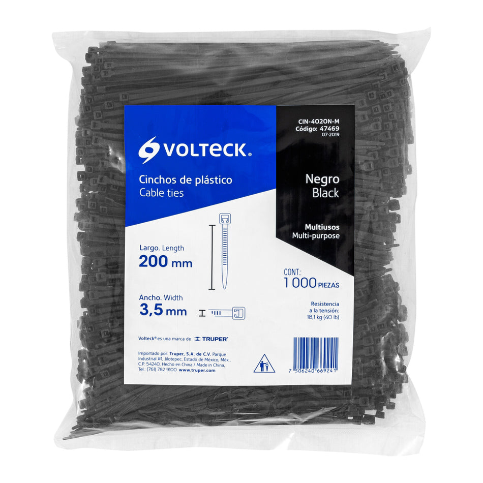Bolsa Con 1000 Cinchos Plásticos 40 Lb, 200X3.5 Mm, Negros CIN-4020N-M, Volteck