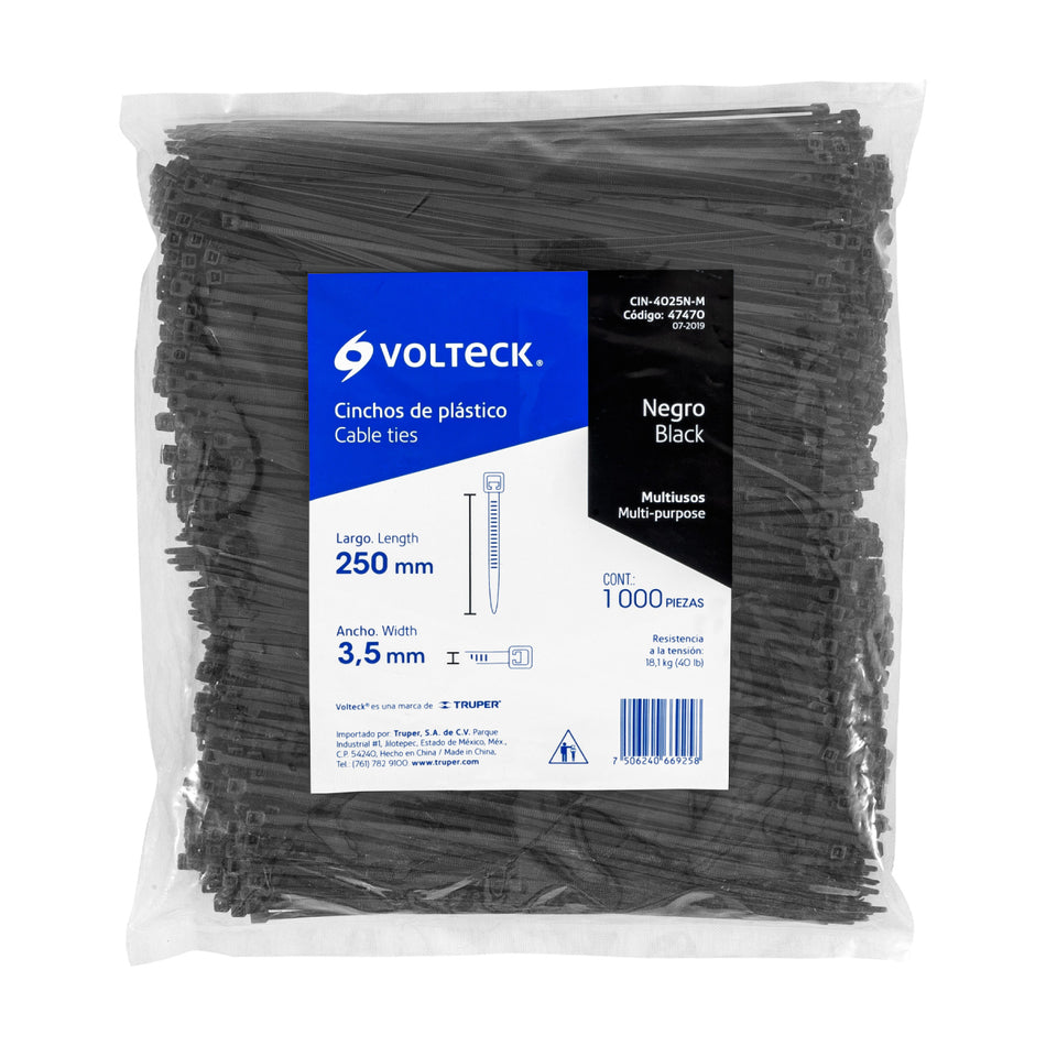 Bolsa Con 1000 Cinchos Plásticos 40 Lb, 250X3.5 Mm, Negros CIN-4025N-M, Volteck