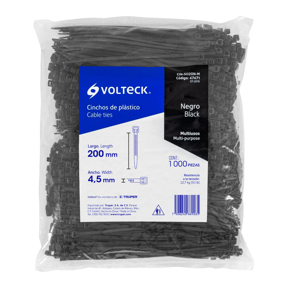 Bolsa Con 1000 Cinchos Plásticos 50 Lb, 200X4.5 Mm, Negros CIN-5020N-M, Volteck