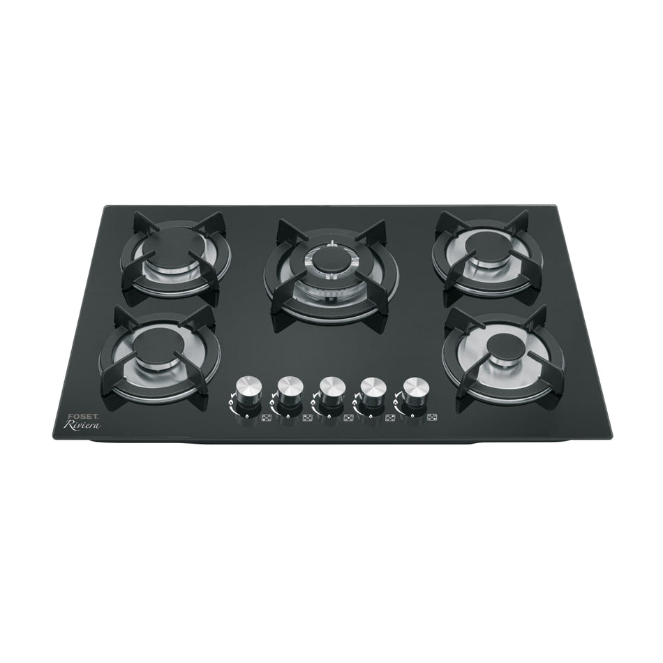 Parrilla Gas Empotrable 75Cm 5 Quemadores Vidrio Negro Foset Pae-755Gv