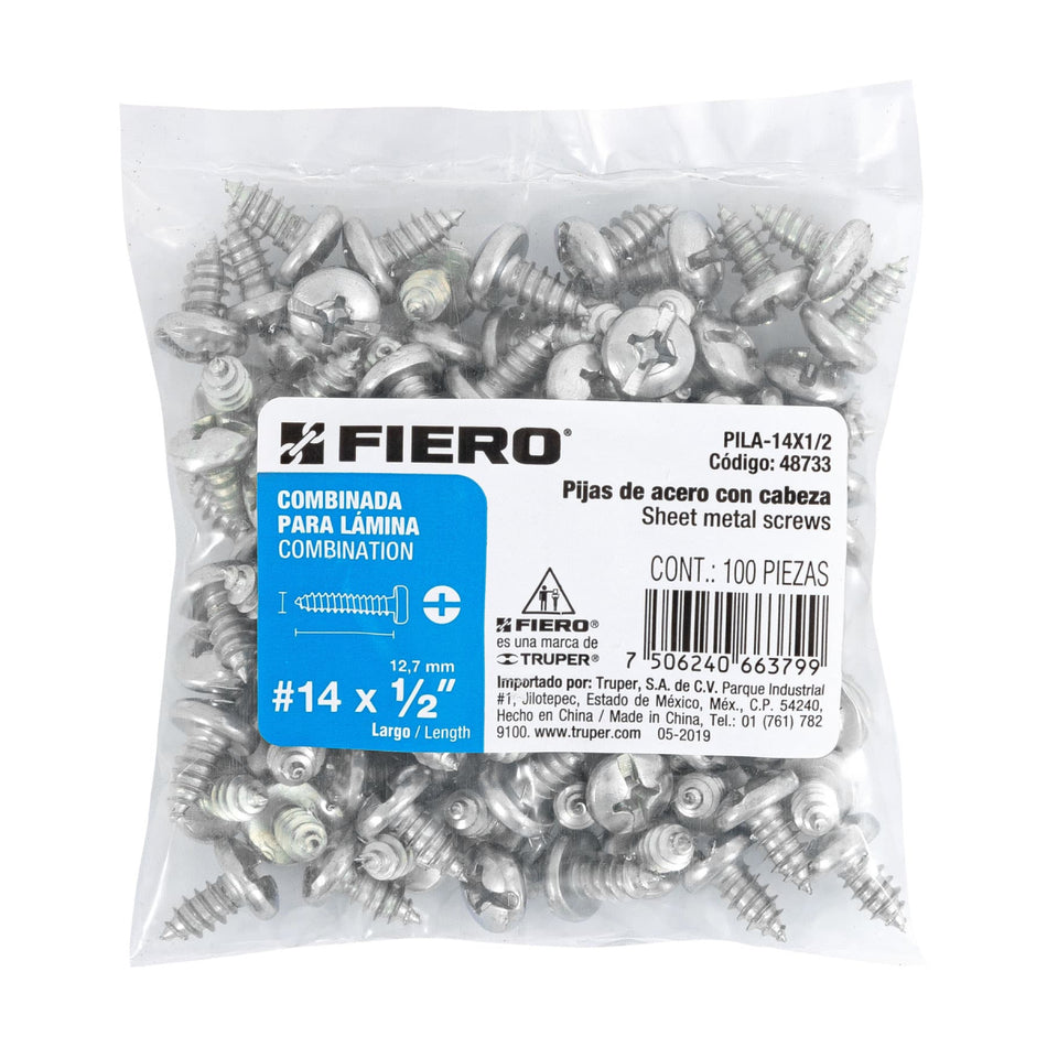 Bolsa Con 100 Pijas Para Lámina, #14 X 1/2', PILA-14X1/2, Fiero