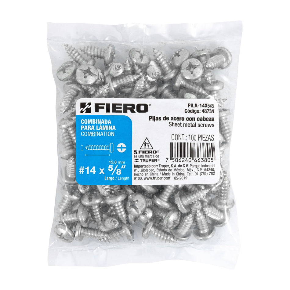 Bolsa Con 100 Pijas Para Lámina, #14 X 5/8', PILA-14X5/8, Fiero