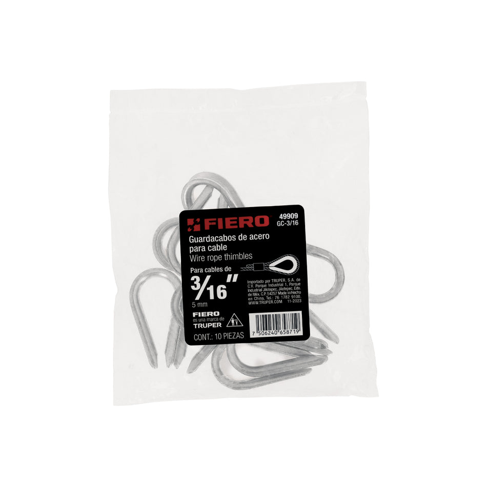 Bolsa Con 10 Guardacabos Para Cable De Acero De 3/16', GC-3/16, Fiero