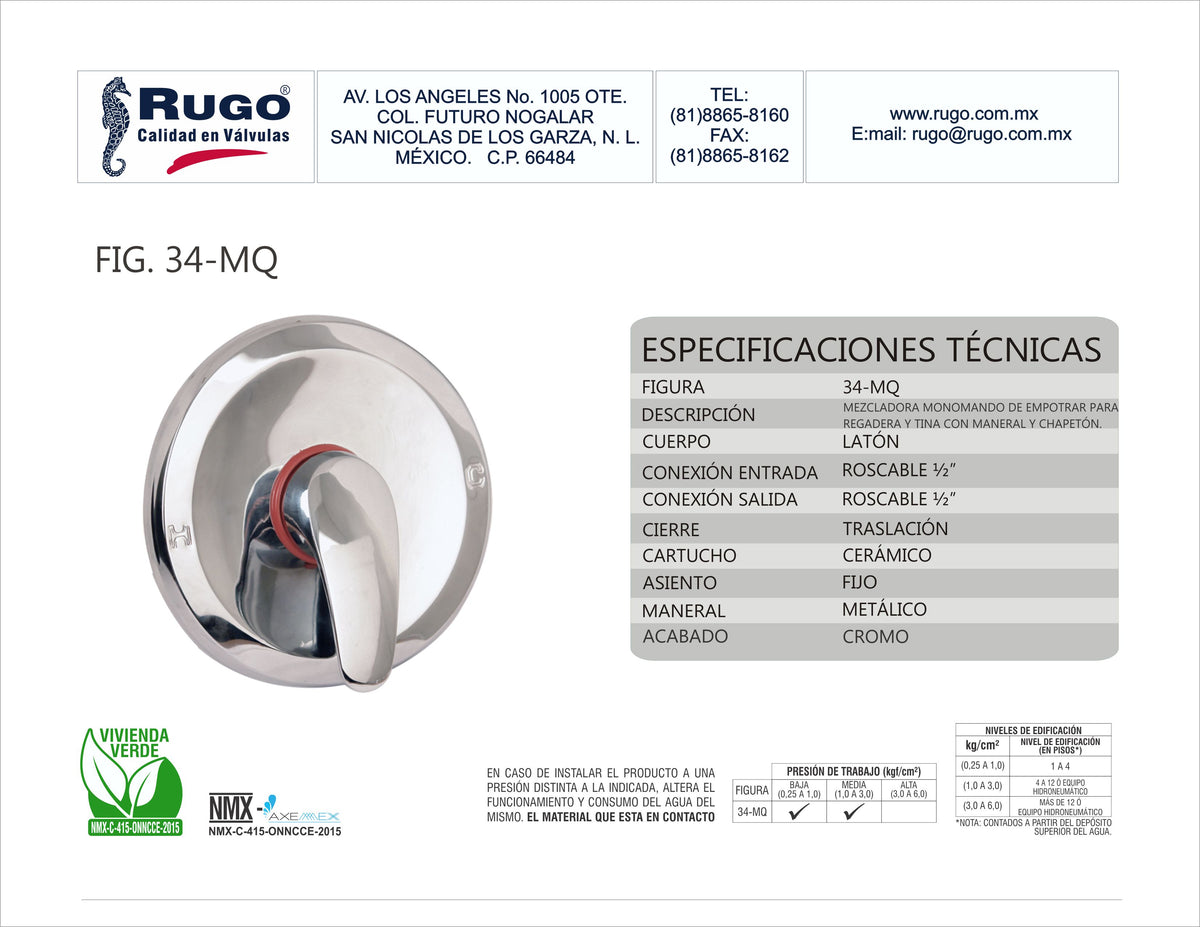 Mezcladora para Regadera 34-Mq Monomando Rugo: Guía de Compra y ...